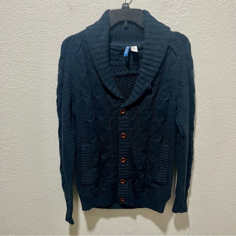 H&M Divided Men's Blue Wool Blend Cable Knit Button Front Cardigan